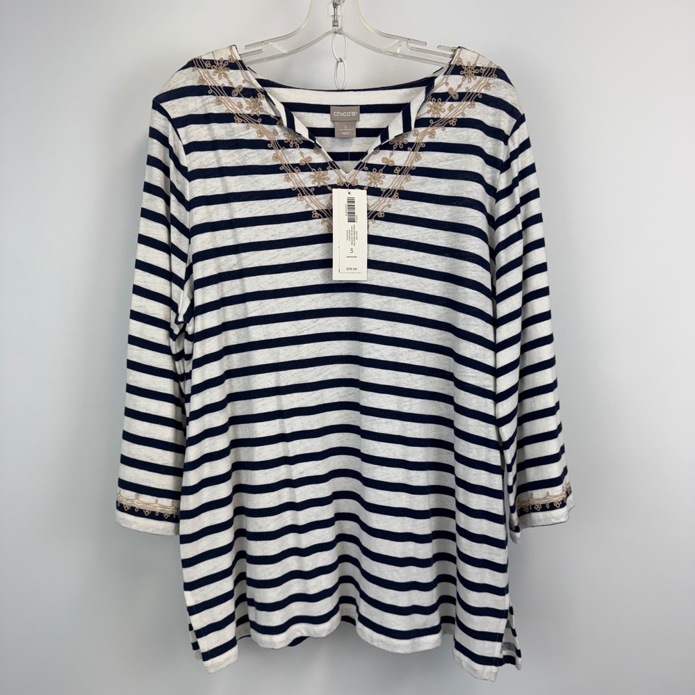 Chico's Stripe Embroidered Tunic Top 3/4 Sleeve Kings Navy Linen Size 3 XL NWT